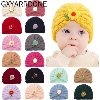 2021 Lână Croșetat Tricot Turban Hat Infant Toddler Floare Simțit Cap Împachetări Nou-născut Capota Căciuli Capace pentru Copii Fete Băieți