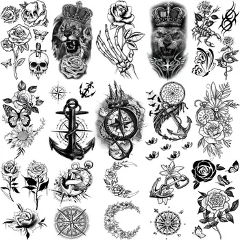 3D, Negru Ancora de Flori de Trandafir Tatuaje Temporare Pentru Femei, Bărbați Adulți Busola Craniu Leu Luna Fals Tatuaj Body Art Parte Acoperit de Tatuaje