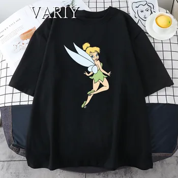 Disney Anime Tinkerbell Grafic T-shirt Casual de Vara Supradimensionat tricou Harajuku Maneci Scurte Moda Streetwear Femei Top Negru