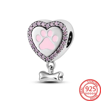 Drăguț Animale de Argint 925 animale de Companie Labă de Câine și Os Roz Farmec Legăna se Potrivesc Pandora Brățară și Colier Bijuterii Fine Pentru Femei