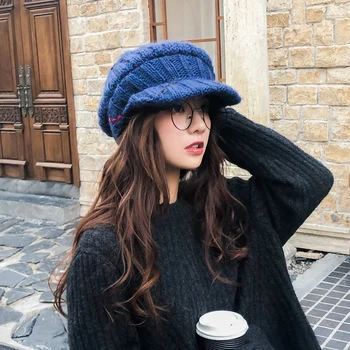 Japoneze Retro Tricot Berete pentru Femei de Iarnă Cald Lână Grosier Octogonal Pălărie coreean Ins Versatil Dungi de Culoare vânzător de ziare Capace