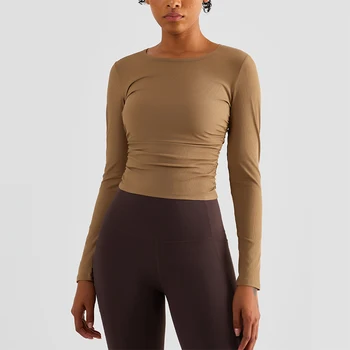 Maneca Lunga Yoga Tricou Femei Round Neck Side Cutat Antrenament De Funcționare T-Shirt Respirabil Slim Fit Fitness Top Sport