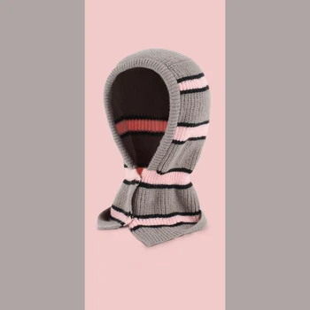 Moda Deschis Fata de Balaclava Gluga Pentru Femei de Iarnă Caldă de Schi Pălărie Croșetat Manual Contrast Dungi Eșarfă Toate într-O singură Pălărie Căști