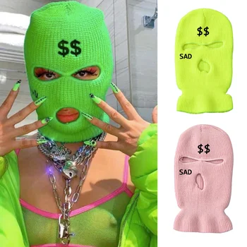 Neon Verde Balaclava Pălărie de Moda Femei Trist Dolar Broderie cu Trei găuri de Schi Masca Fata Complet Capacul Cald Tricotate Armata Tactice Masca