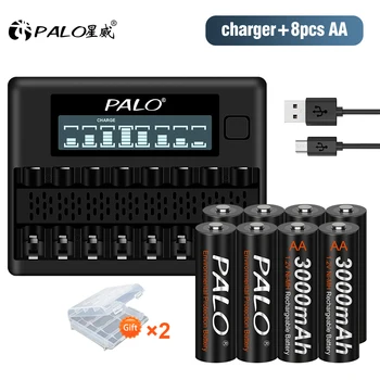 PALO 1.2 V AA baterie Reîncărcabilă Baterie de 3000mAh AA Ni-MH Baterii De Mașină de Jucărie Electrică Ceas Deșteptător +8 Sloturi LCD Inteligent Încărcător de Baterie