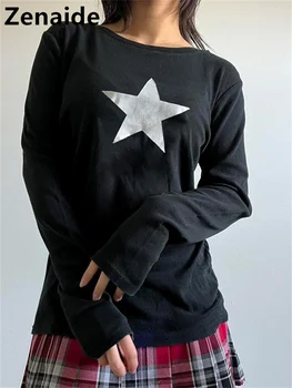 Zenaide 2022 Toamna Grunge Star Print Drăguț Teuri Topuri Grafic Y2K Negru cu Maneci Lungi Femei Albe Casual de Bază T-Shirt Femei