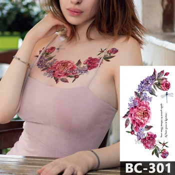 1 Foaie de Piept Corp Tatuaj Temporar rezistent la apa Bijuterii Roz violet flori libelula Model Decal Talie Arta, Autocolant Tatuaj