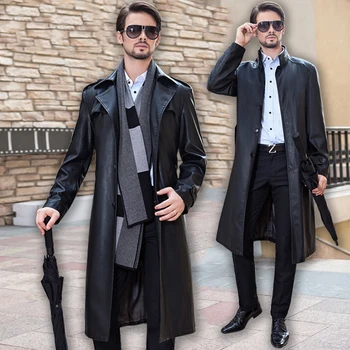 2019 nou designer negru mat moale moale piele de oaie piele britsh stil bărbați haină lungă real din piele de primăvară palton
