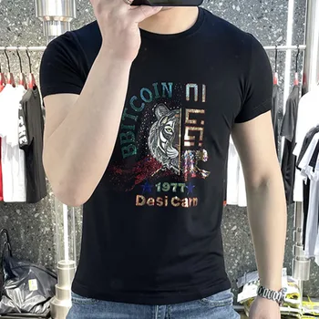 2022 Vară Cap de Tigru Laser Fierbinte de Gaurit cu Maneci Scurte T-shirt pentru Bărbați Gât Rotund Mare Casual Tricou Bottom Respirabil Personalitate