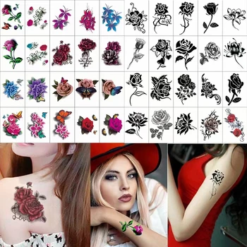 20buc/set 3D Tatuaje Temporare pentru Femei Black Rose Floare Fals Tatuaje Autocolant Impermeabil Corpul Mână, Picior, Gat Tatouage Femme Sexy