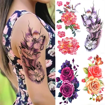 3D Floare de Crin Tatuaje Temporare Pentru Femei Adulți a Crescut Lotus Anemone Autocolant Tatuaj Fals Jumătate Maneca Acuarelă Brațul Tatuaje