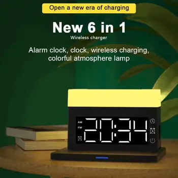 6 IN 1 Ceas cu Alarmă fără Fir Încărcător Cu Termometru Digital LED Lampa de Birou Pentru Dormitor 15W Telefon Mobil Încărcător Rapid Hot 2022