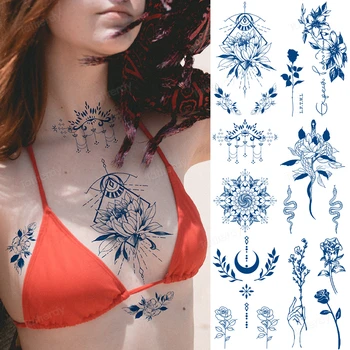8pcs Semi Permanent pe bază de Plante Suc Elegant Autocolante Tatuaj Piept Ins Flori de Lotus, Trandafir Durabil Simulat Fata Temporară Autocolant