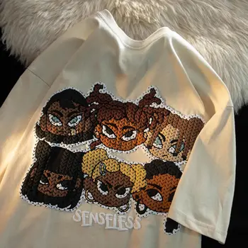 American retro brand de moda hip hop personaj de desene animate cu mânecă scurtă tricou bărbați și femei de vara high street liber design de top