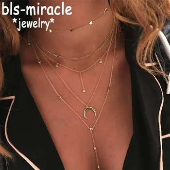 Bls-miracol de Epocă Multi-stratificat de Culoare de Aur Colier Pentru Femei de Moda de Monede de Metal Star Luna Colier Pandents Coliere Bijuterii