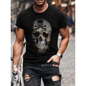Bărbați Moda de Calitate T-Shirt Casual Streetwear Maneci Scurte Craniu Fierbinte Burghiu Bărbați Îmbrăcăminte Tee Topuri O-Gât Stras Tricou Y2K