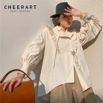 CHEERART Primăvara anului 2021 Bumbac Lantern Maneca Designer Camasa Maneca Lunga de culoare Bej Stand Guler Cravată Femei de Moda de Top Și o Bluză