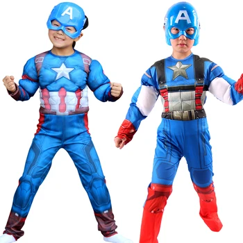 Copilul Musculare Captain America Costum de super-Erou Atașat Masca de Halloween Petrecere de Carnaval pentru Copii Rochie de Până S-XL