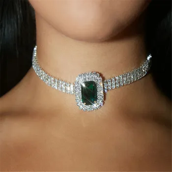 De lux Stras 3 Randuri Mare Pătrat Verde Scurt Cravată Colier pentru Femei Guler de Cristal Clavicula Lanț Cravată Colier Bijuterii