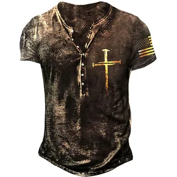 De vară pentru Bărbați Imitație de Bumbac Butonul T-shirt Isus Cruce de Imprimare Vrac Maneci Scurte Topuri Strada Respirabil Bărbați Îmbrăcăminte UE Dimensiunea