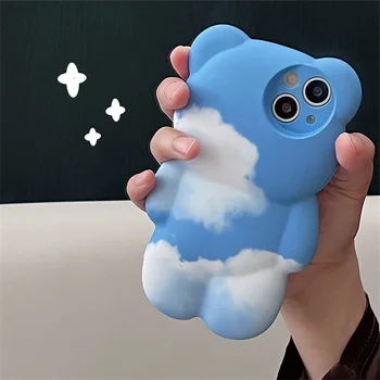 Drăguț Nor Cer Albastru Ureche Desene animate 3D Urs moale caz pentru iphone 13 12 11 Pro Max X XS XR Japonia minunat Lentile de Protecție capacul din spate