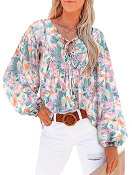 Femei Cu Maneci Lungi Florale Ciufulit Printed V-Neck Șifon Bluze