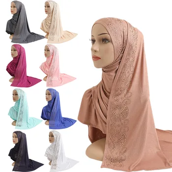 Femeile Musulmane Stras Jersey Bumbac Eșarfă Lungă Stras Vălului Islamic Hijab Cap Înfășurați Arabă, Malaezian Solid Pashmina