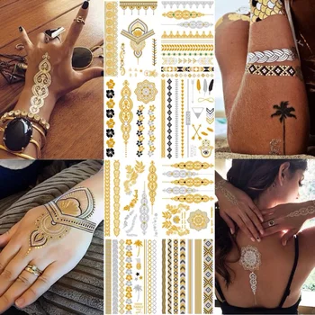 Flash Metalice Impermeabil Tatuaj Aur, Argint Moda Pentru Femei Henna /Pene De Păun Design Tatuaj Temporar Stick Paster