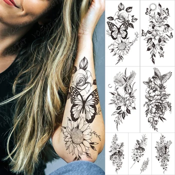 Floare Înflorit Rezistent La Apa Temporar Tatooo Autocolante Fluture Bujor Frunze De Transfer Tatuaj Body Art Fals Tatuaj Negru Pentru Femei