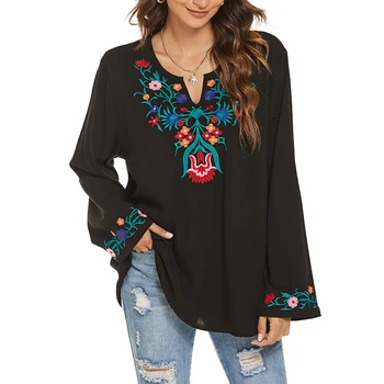 Florale Boho Broderie Bluza Femei Tricouri Mexican Negru Vintage Bluza cu Maneca Lunga pentru Femei Plus Dimensiune Etnică Bluza de Sus