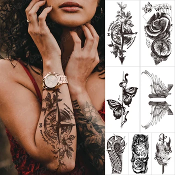 Impermeabil Tatuaj Temporar Autocolant Busola Flori Copaci Tatuaje Poker A Crescut De Ceas De Arta Corp Brațul Fals Maneci Tatuaj Femei