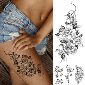 Impermeabil Tatuaj Temporar Autocolant Flori Bujor Șarpe Negru Flash Tatuaje De Sex Feminin Schiță Linie Body Art Braț, Coapsă Fals Tatuaj De Sex Masculin