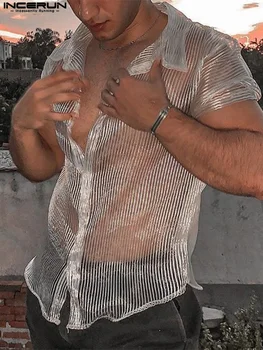 INCERUN Barbati Tricou 2022 Ochiuri Transparente cu Dungi Rever Maneca Scurta Sexy Camisas Streetwear Butonul de Moda de Petrecere Club de noapte Cămăși