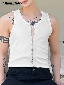 INCERUN Moda Barbati maiouri O-neck fără Mâneci Streetwear 2022 Butonul de Vară Veste de Fitness coreean Casual Barbati Haine S-5XL 7