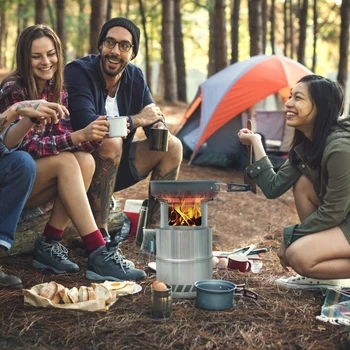 Lemn de Soba de Gătit din Oțel Inoxidabil de Picnic din Lemn Aragaz Portabil Rotund Îngroșat pentru Backpacking în aer liber, pentru Drumetii, Camping
