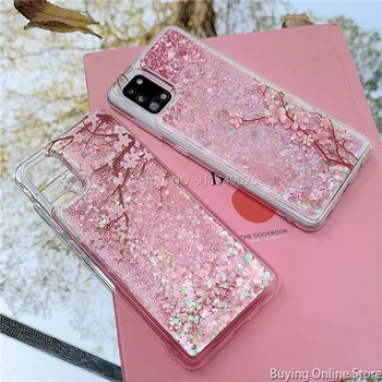 Lichid Roz nisipurile Mișcătoare Acoperire Pentru Samsung Galaxy A30 A50 A70 A10 A20 A20S A10S Cazuri Strălucitoare Glitter Clar Flori de Cires Modele