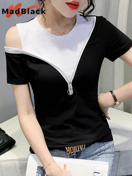 MadBlack de Vară Stil coreean Bumbac T-Shirt Sexy de Pe Umăr Culoarea Chic Blocarea Fermoar Femei Topuri cu Maneci Scurte Tee Noi T14712A
