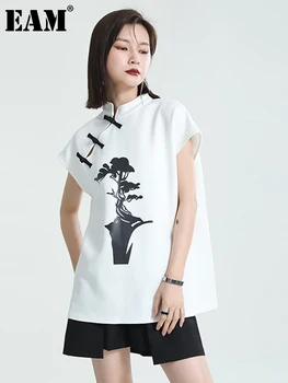 [MEM] Femei Negru Catarama Model Imprimat Elegant T-shirt Nou Stand de Guler Maneci Scurte Mareea Moda Primavara-Vara 2023 1DE8058