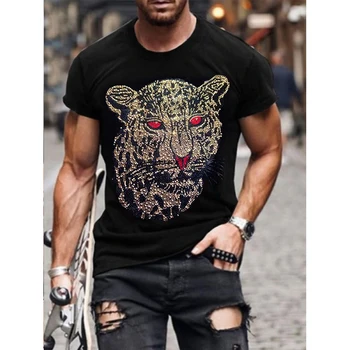 Mens de Moda de Calitate T-Shirt Petrecere Casual cu Maneci Scurte Leopard Fierbinte Burghiu Bărbați Îmbrăcăminte Tee Topuri O-Gât Stras Tricou Y2K Noi