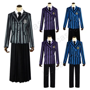 Miercuri Familia Addams Cosplay Costum Nevermore Academia Școală Strat Uniform Fusta Camasa Pantaloni Lega Stripe Costum De Halloween Îmbrăca