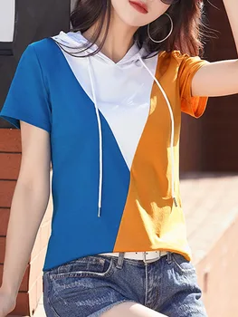 Moda de vara cu Gluga Pulovere Pentru Femei Personalitate Mozaic Liber Casual Clasic Feminin Tricou cu Maneci Scurte T-shirt