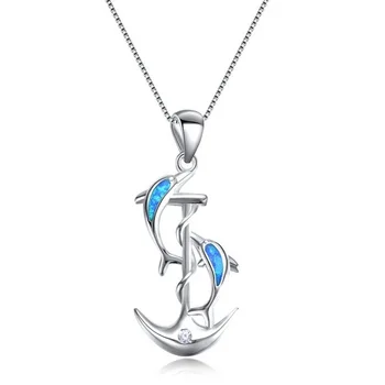 Moda Norocos Delfin & Anchor Personalitate Pandantiv Colier Albastru Opal Farmec Coliere pentru Femei Declarație de Bijuterii de Nunta
