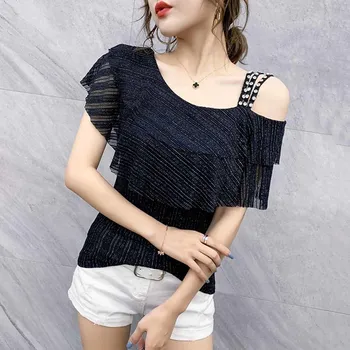 Negru Vara Coreean Haine De Moda T-Shirt Sexy De Pe Umăr Volane Femei Topuri Tricou Rutterfly Maneca Teuri 2022 Tees