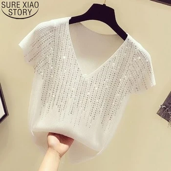 Noi cu mânecă Scurtă Tricou Alb Topuri de Moda Matase de Gheață Tricou V-neck Bluza 2022 Vara Femei-coreean Sexy Slim Doamnelor Blusas 14653