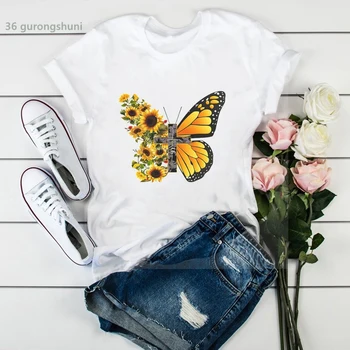 nou tricou femme amuzant de floarea soarelui si fluture de imprimare tricou femei vara Harajuku tricou hip hop graphic tricouri femei topuri