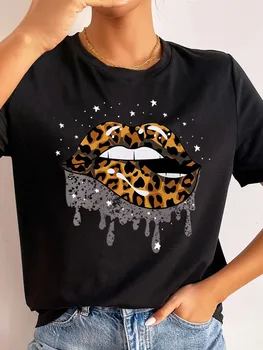 Noua Moda Femei T Shirt Buze Leopard de Imprimare T-shirt T-shirt cu Maneci Scurte Topuri de sex Feminin Doamnelor Vara Tricouri Streetwear