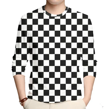 OGKB Vara Tricou Barbati Casual T-shirt Rece de Imprimare Alb-Negru Grilă 3D T-shirt Om Hiphop Maneca Lunga O de Gât Streetwear Supradimensionate