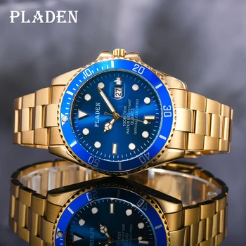 PLADEN Ceas de Aur pentru Bărbați de Lux Brand de Moda din Oțel Inoxidabil, Cadran Albastru Auto Calendar Ceasuri Quartz Bezel Rotativ II Ceasuri