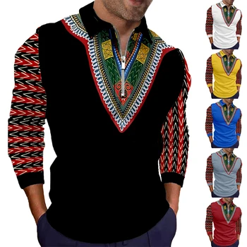 Primavara Toamna Chic Tricou Polo Barbati din Africa Dashiki Print Casual cu Maneci Lungi Guler de Turn-Down cu Fermoar Cămăși Subțiri de Streetwear Topuri