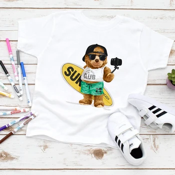 Spania Baieti de Vara tricouri Supradimensionate Moda Punk Urs de Imprimare Copii Camiseta Agrement Urban Alb de Bază Tricouri pentru Copii